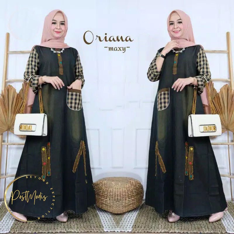 ORIANA MAXY JEANS MIX KATUN BUSANA MUSLIM WANITA JUMBO DRESS PANJANG KEKINIAN TERBARU LEBARAN GBJ