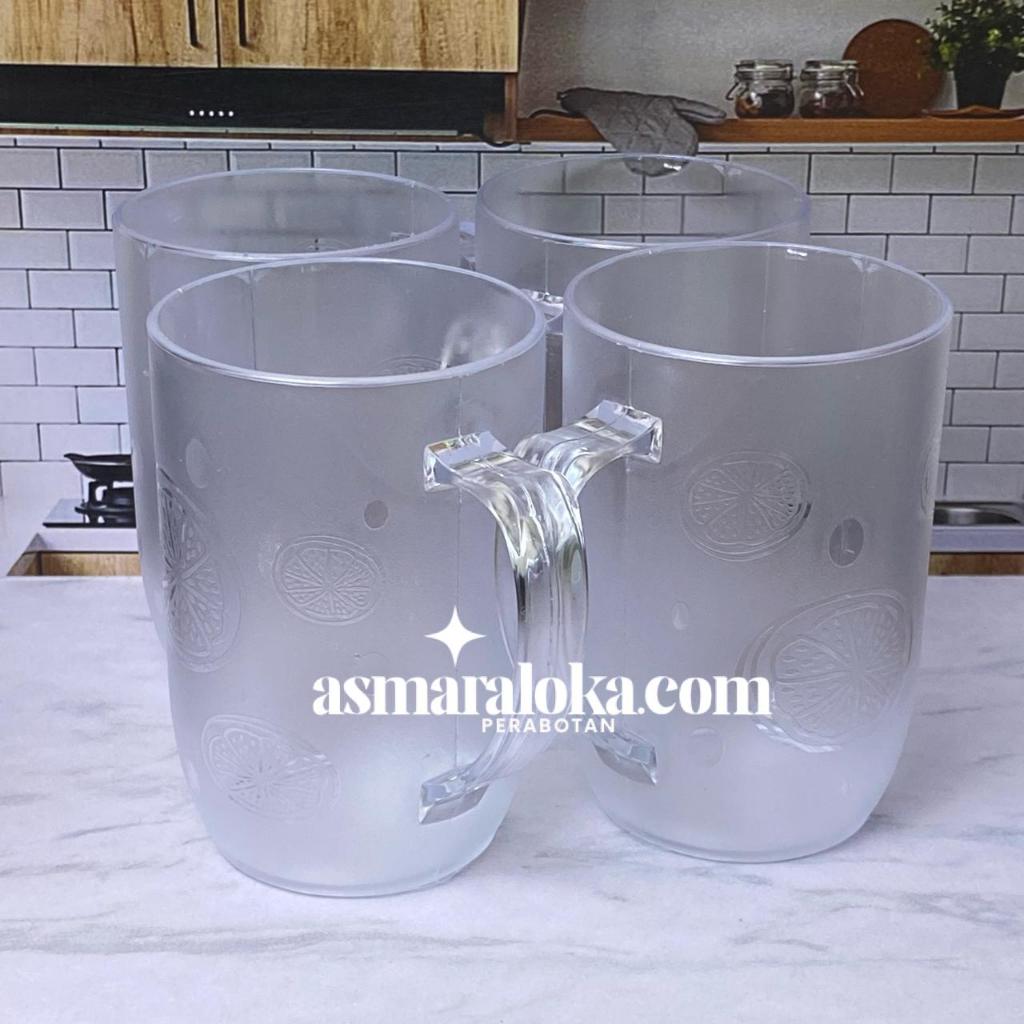 (1 lusin) - Gelas Cangkir Kristal Corona 400 ml, Cangkir Plastik Mika Bening Motif Jeruk