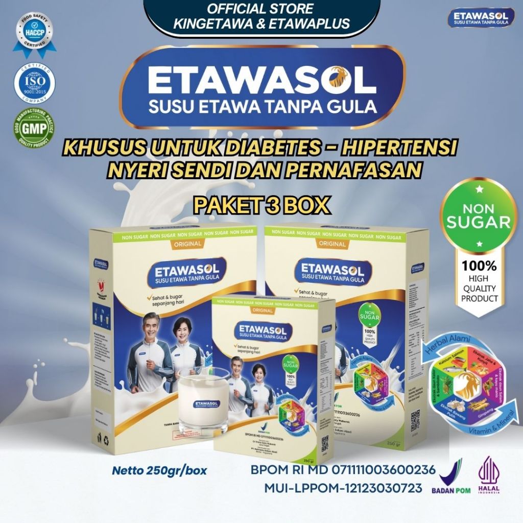 

Etawasol - Susu Kambing Etawa Bebas Gula Atasi Diabetes, Hipertensi, Nyeri Sendi & Paru2 - 3 Box