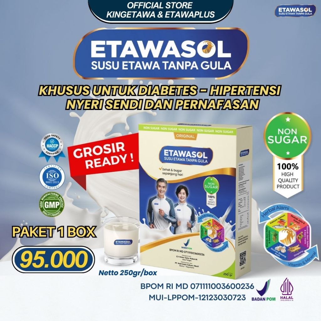 

Etawasol Susu Etawa Tanpa Gula Atasi Diabetes, Hipertensi, Nyeri Sendi dan Pernafasan - 250gr 1 Box