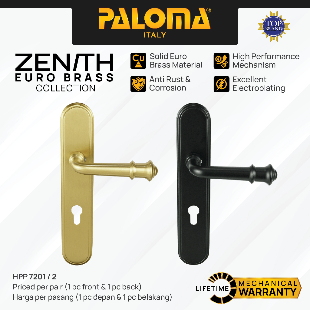 PALOMA Gagang Pintu Door Handle Plate Lever Euro Brass Kuningan Zenith Vienna Emas Gold Hitam Black 