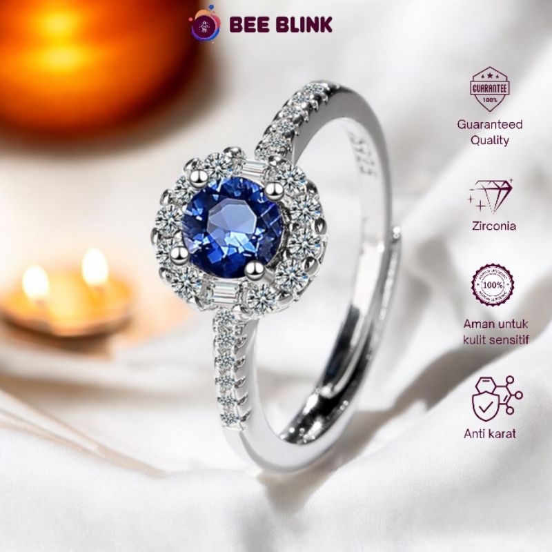 Beeblink - Cincin S925 JOY permata biru korea style Adjustable awet anti karat cincin wanita permata