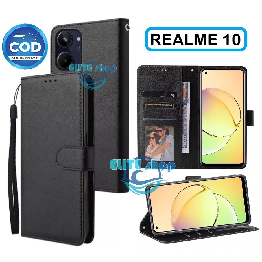 CASE REALME 10 CASING DOMPET model flip buka tutup case kulit ada tempat foto dan kartu juga tali hp
