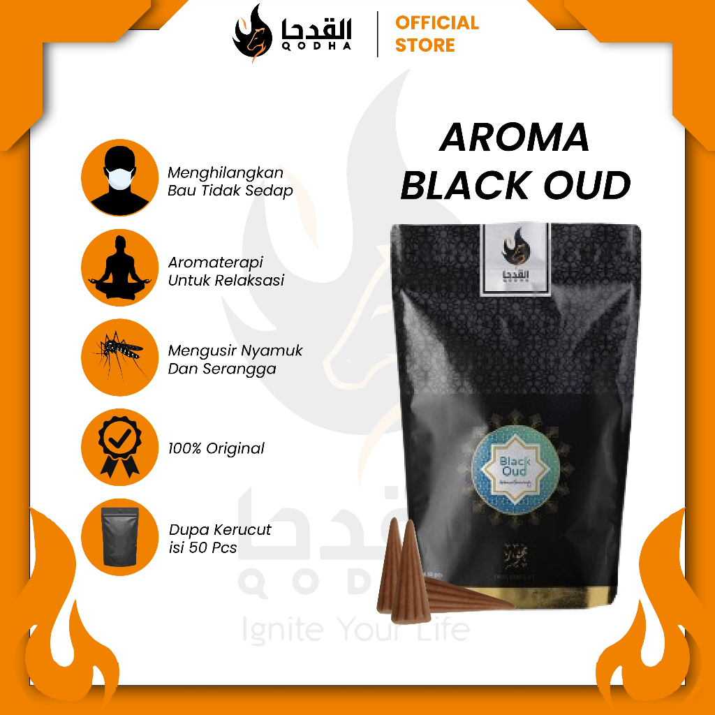 Bukhur Dupa Kerucut Qodha Aroma Terapi Pengharum Ruangan Wangi Tahan Lama Aroma Black Oud 50 pcs