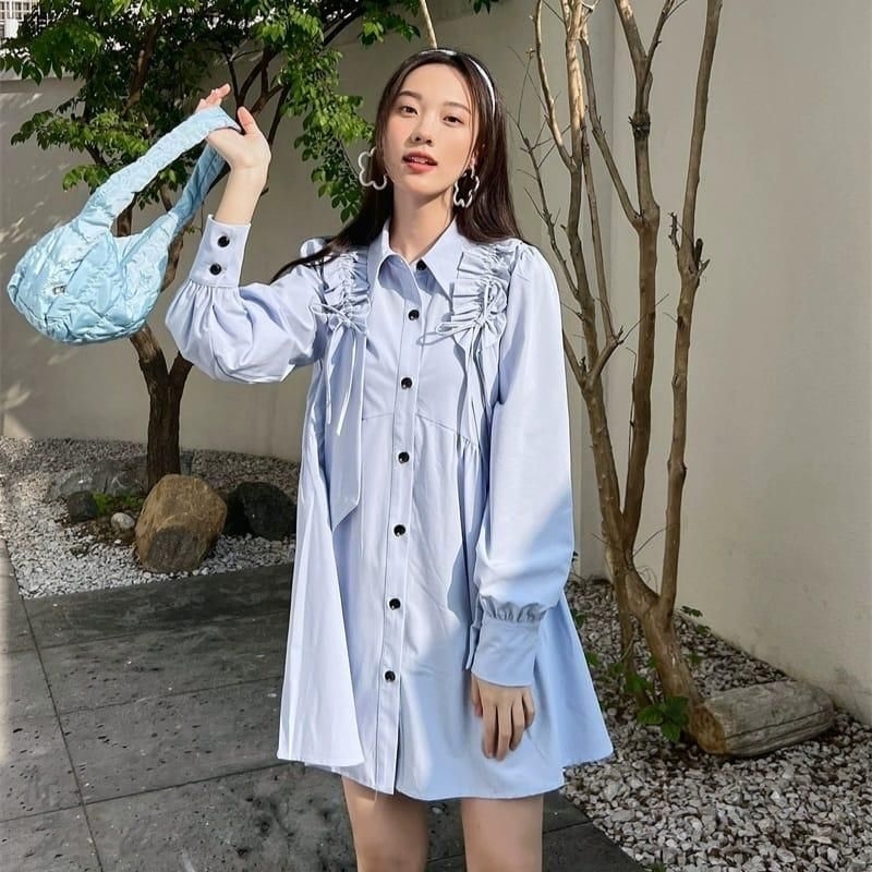 7877 Pakaian Autfit kostum Baju blus blouse kemeja longsleve biru kerah kancing blueice rempel renda