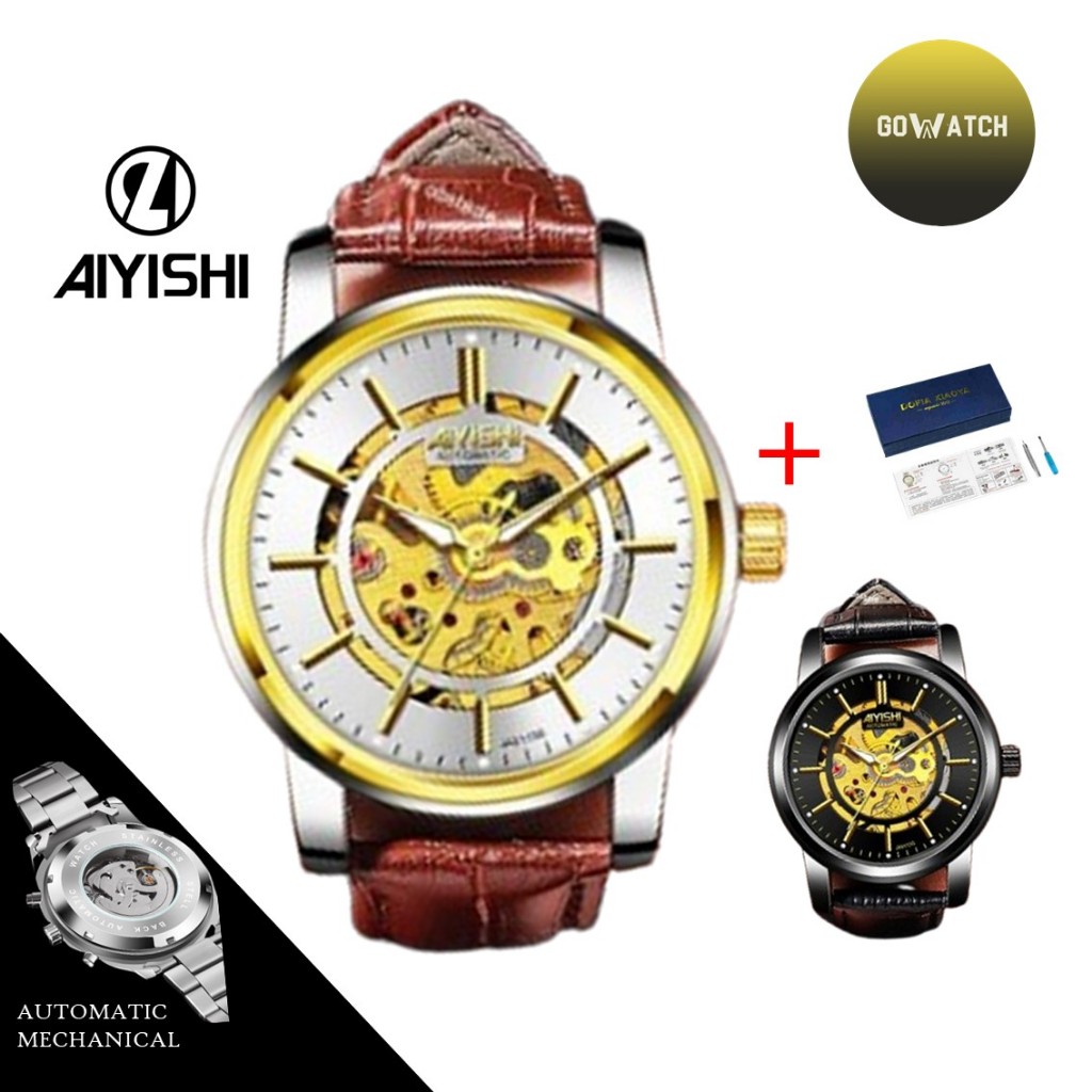 AIYISHI Jam Tangan Automatic Kulit Sintesis Pria Arloji simpel Mekanik Watch (W1-013-8113)