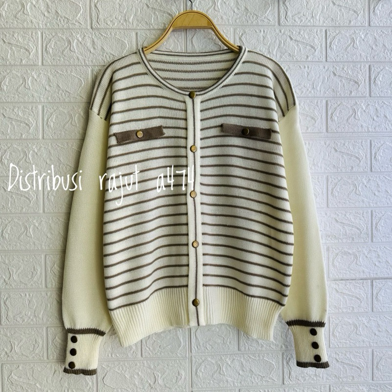 ATASAN BAJU KNITWEAR  SARWENDAH  SWEATER RAJUT MOTIF CARDY KANCING STRIPE WANITA LENGAN PANJANG
