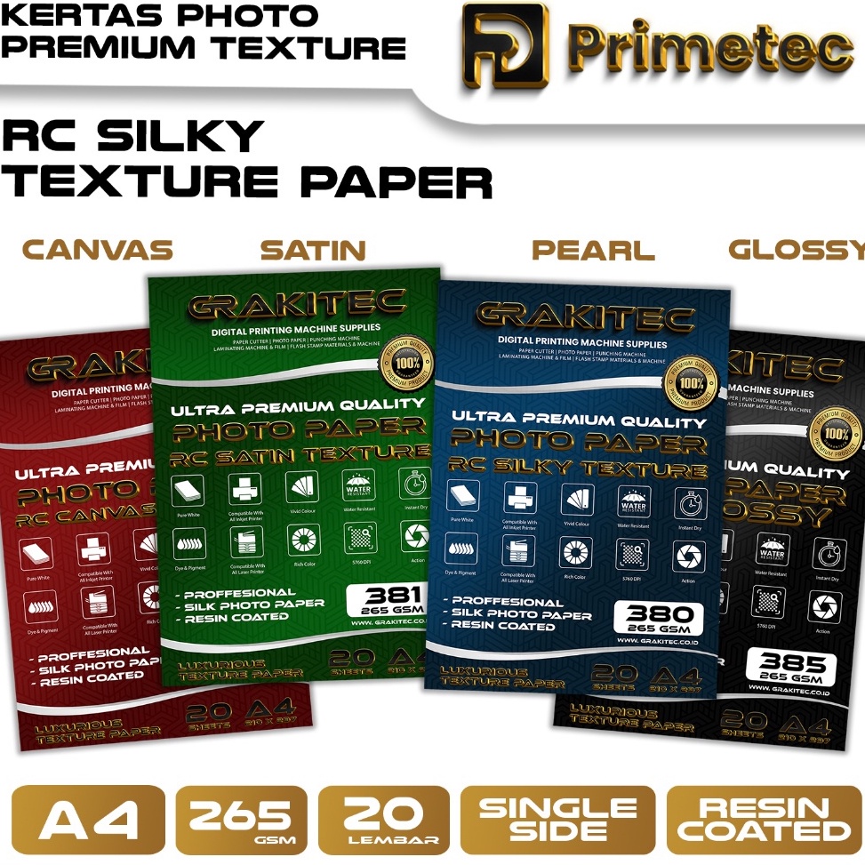 

KODE PRODUK IEIL351 Kertas Foto Silky Texture A4 Professional Silky Glossy Photo Paper 265 A4 Motif Pearl Canvas Satin Luster Resin Coated Primetec