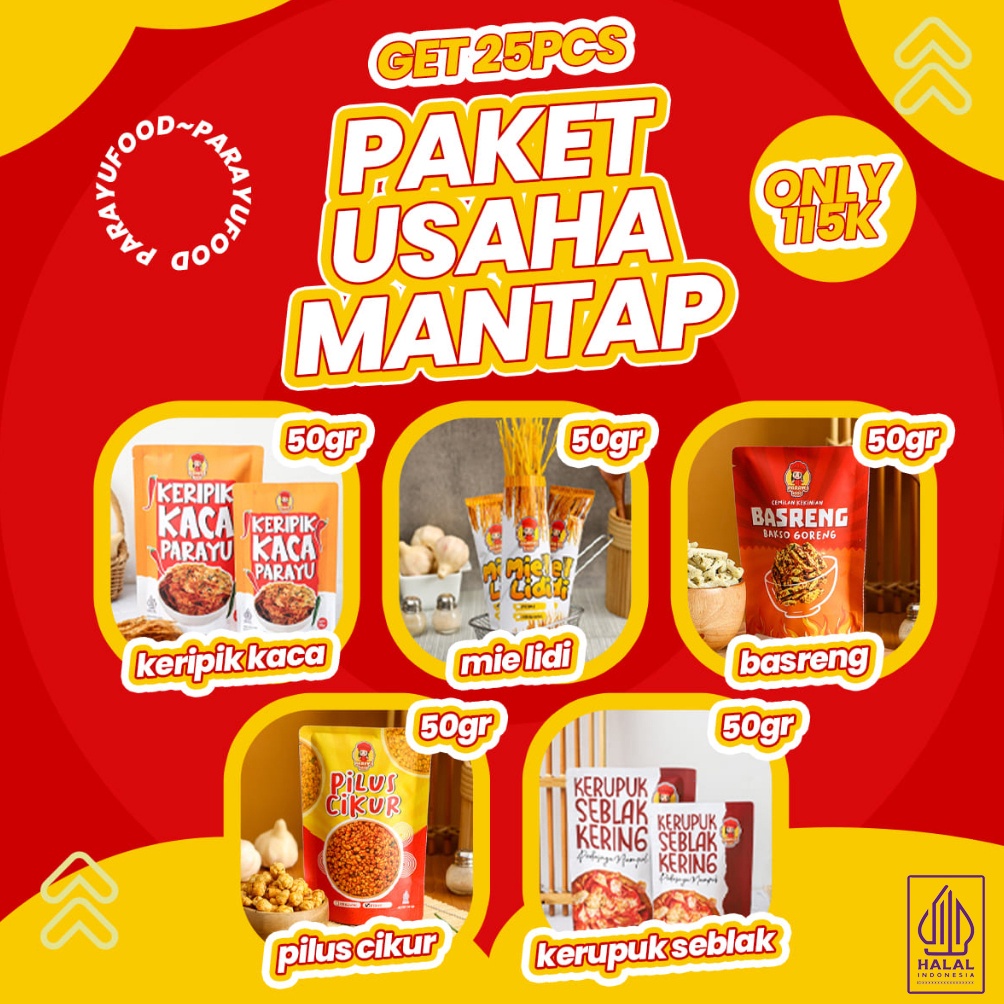 

MURAHV Parayu Food Paket Usaha Mantap 25 Pcs Ukuran 5gr Varian Basreng Kripca Lidi Cikur Kerupuk Nyaman