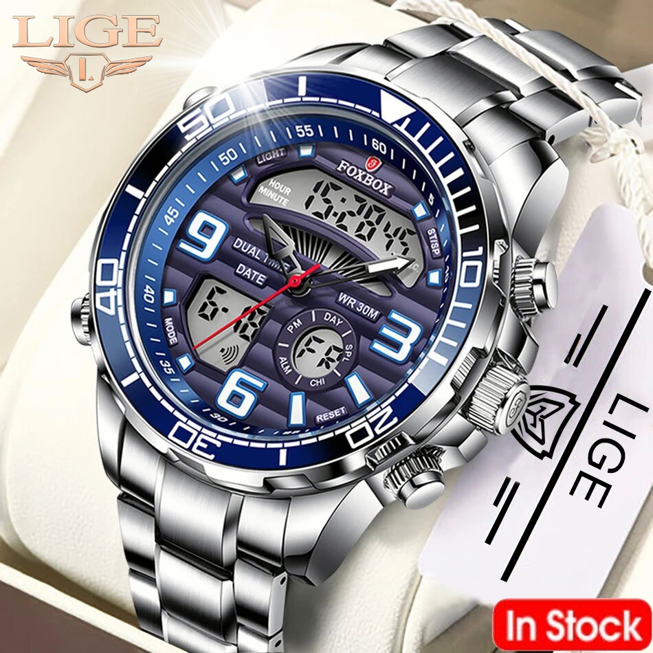 LIGE Original Jam Tangan Pria Digital Dual Display Watch Men's Top Luxury Sport Quartz Watch Men's A