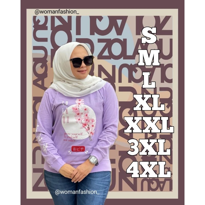 Kaos Wanita Zolaqu Ungu Sakura Original Fashionable T-Shirt Casual Oversize Lengan Panjang Atasan Sa