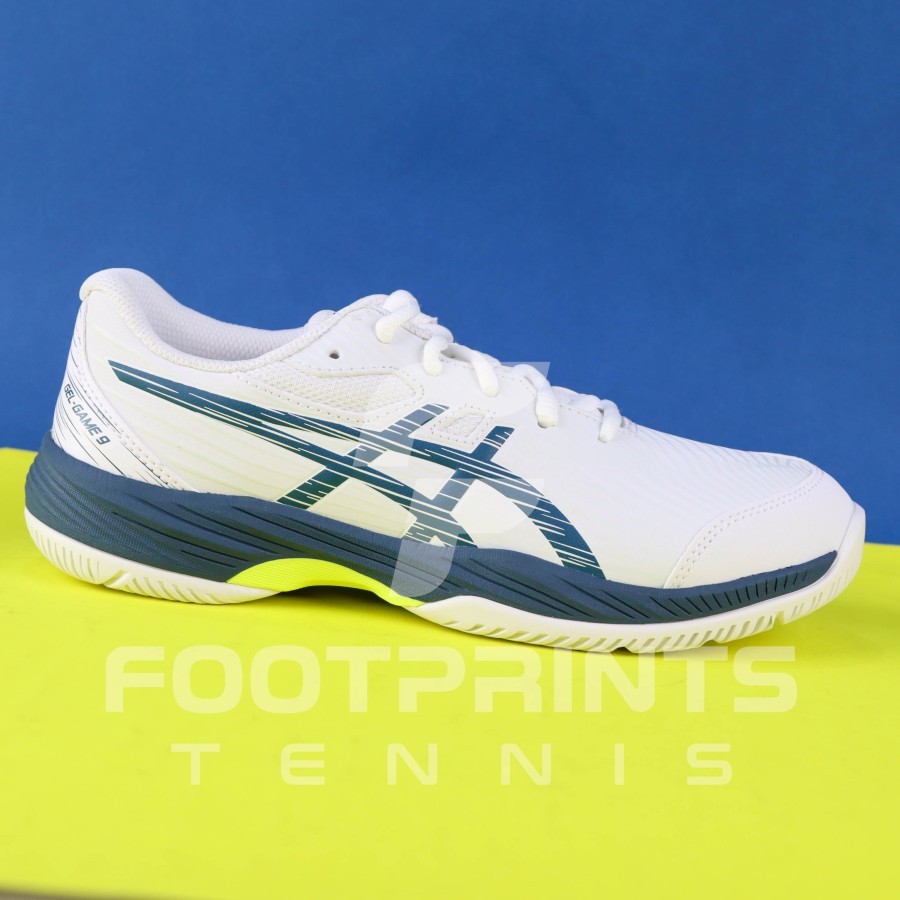 Sepatu Tenis Anak Asics Gel Game 9 GS White Mako Blue Tennis Shoes Junior Wanita Perempuan Cewek Cew