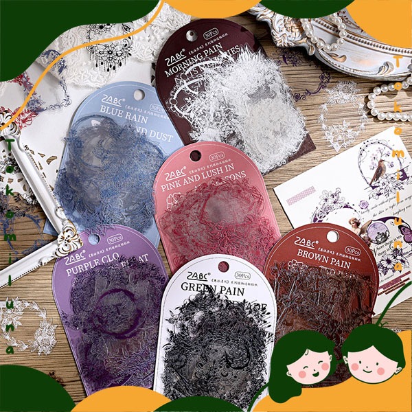 

1 set isi 30 pcs sticker plant border transparent deco stiker frame transparan bentuk bunga tumbuhan vintage retro aesthetic HB1775