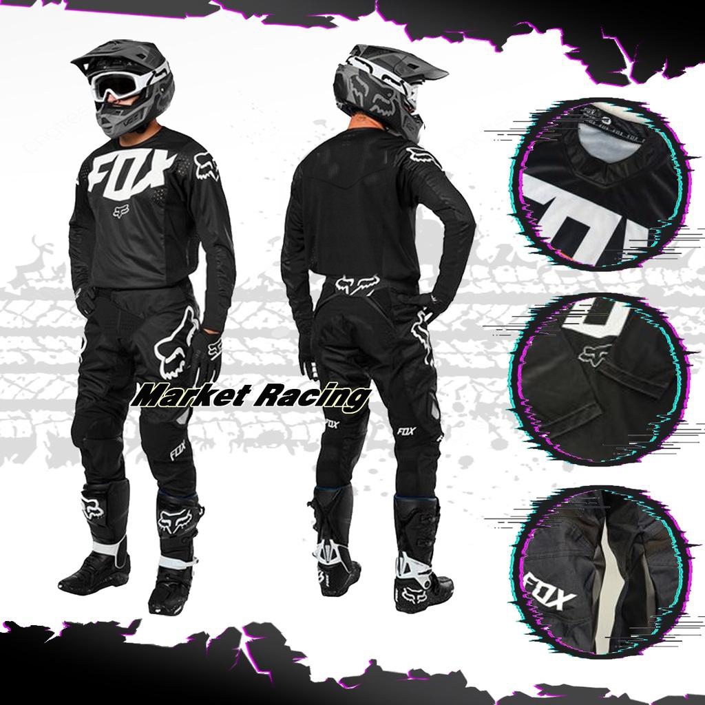 Tshirt F0X HITAM BLACK PUTIH (Baju+Celana) Pakaian Kaos Jersey Jerset Baju Trail Cross Celana Motor 