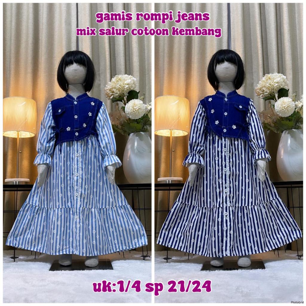 GAMIS ROMPI MOTIF BUNGA BUNGA BAHAN JEANS MIX SALUR KATUN USIA 3-10 TAHUN/GAMIS ANAK KEKINIAN TERBAR