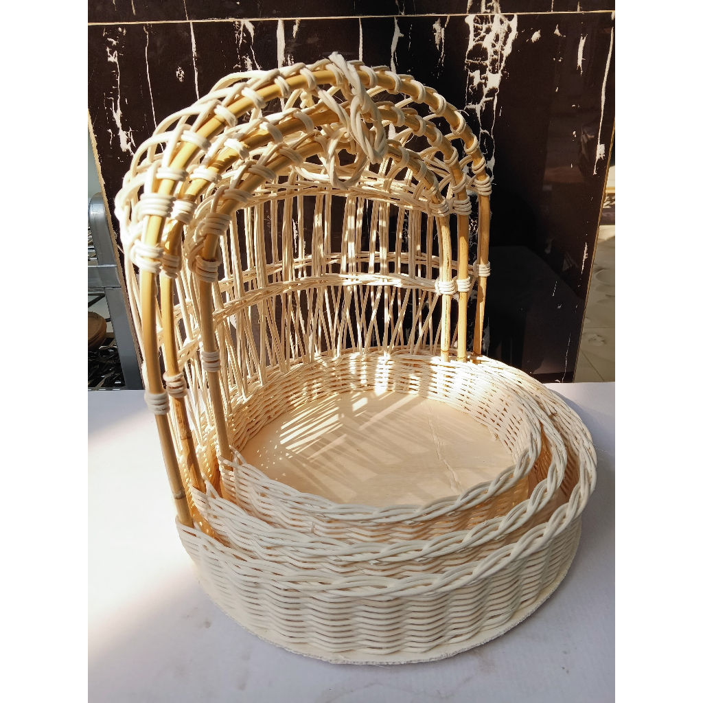 Keranjang Parcel Rotan Bulat/Keranjang seserahan Rotan Ayunan 1 Set Isi 3