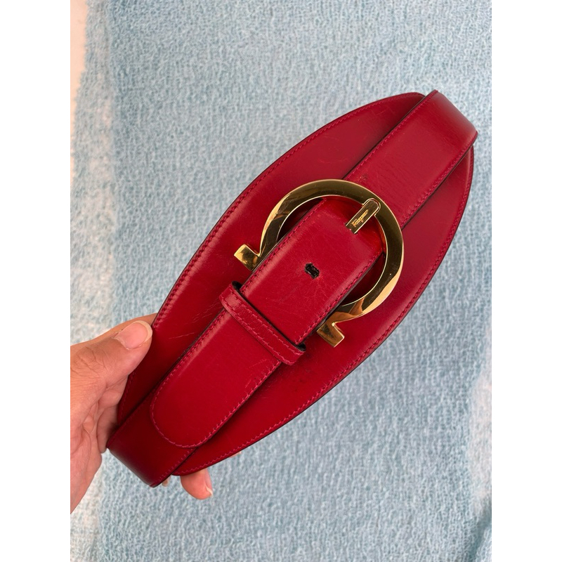 Salvatore Ferragamo Red Obi Wide Belt Sabuk Merah Kulit Branded