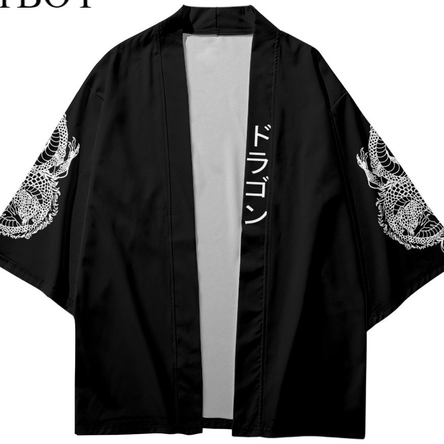 FG2 COD 222 Fashion Loose Black Chinese Dragon Print Men Women Loose Harajuku Japanese Kimono haori