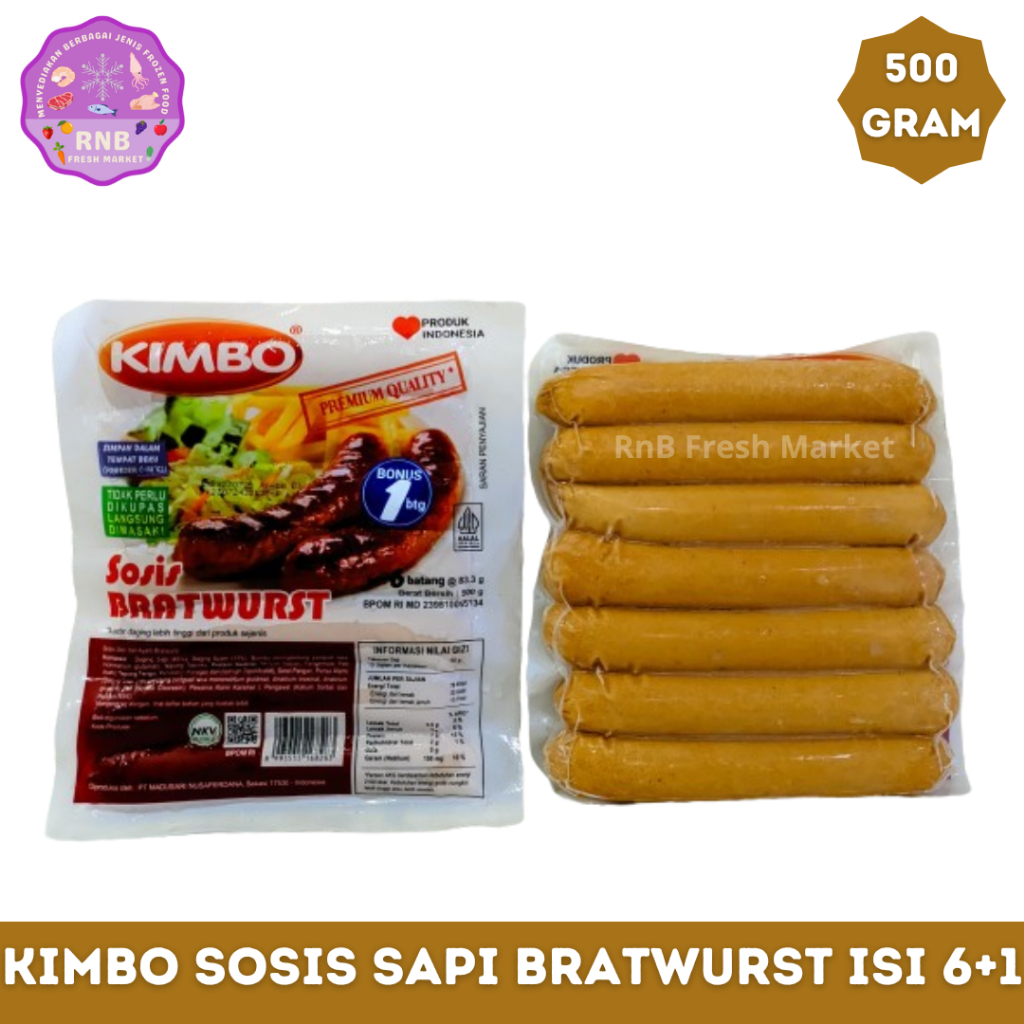 

Kimbo Sosis Sapi Bratwurst Isi 6+1 Batang Netto 500 Gram