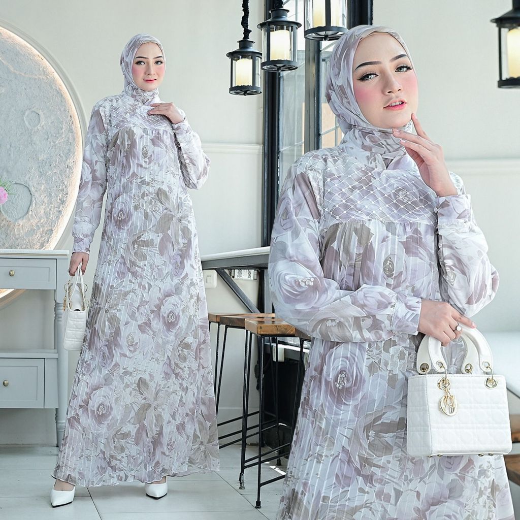 MH Gamis Plisket Ceruti Motif Bunga Set Hijab Kombinasi Tile Full Furing Fai Dress Terbaru Busana Mu
