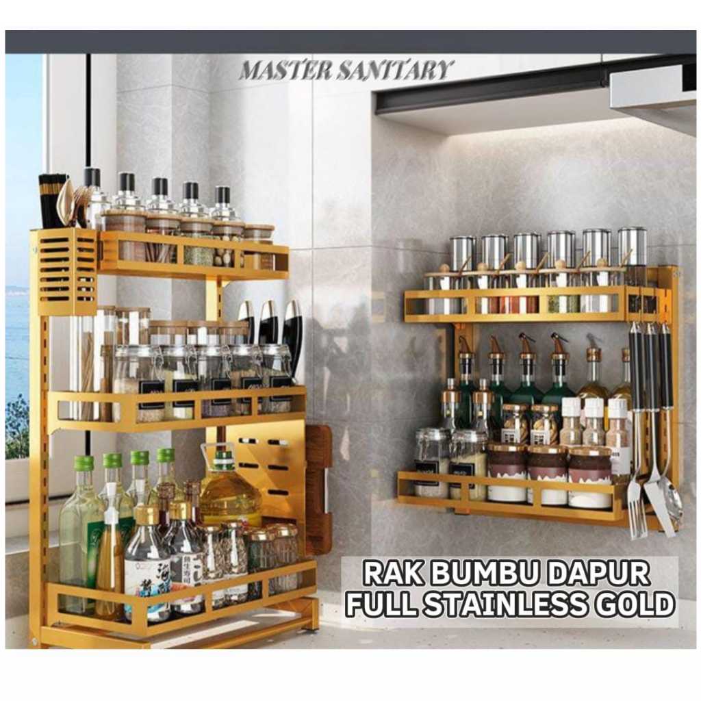 READY Rak Bumbu Meja Dapur SS304 Gold/Tempat Bumbu Tembok Dapur