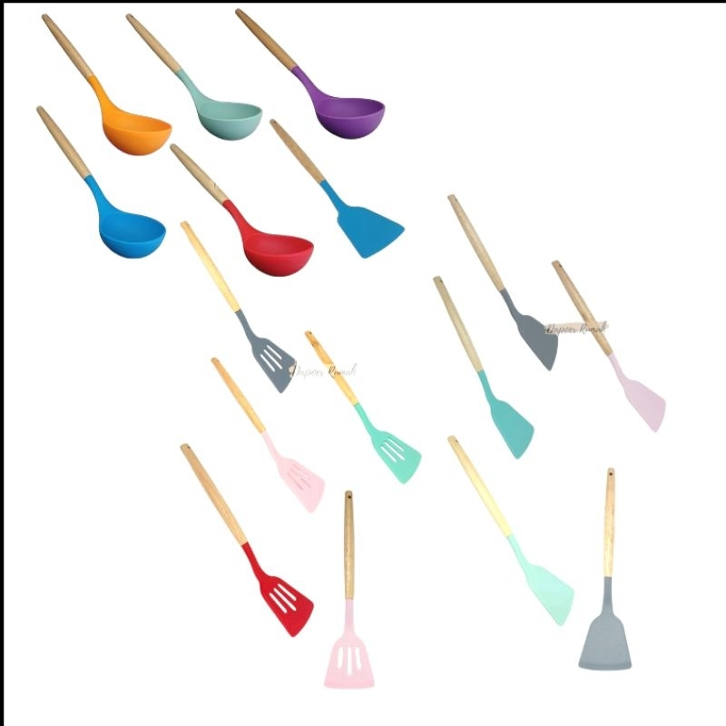 Spatula Silikon/Alat Masak Silikon Anti Panas/Centong Sayur Gagang Kayu