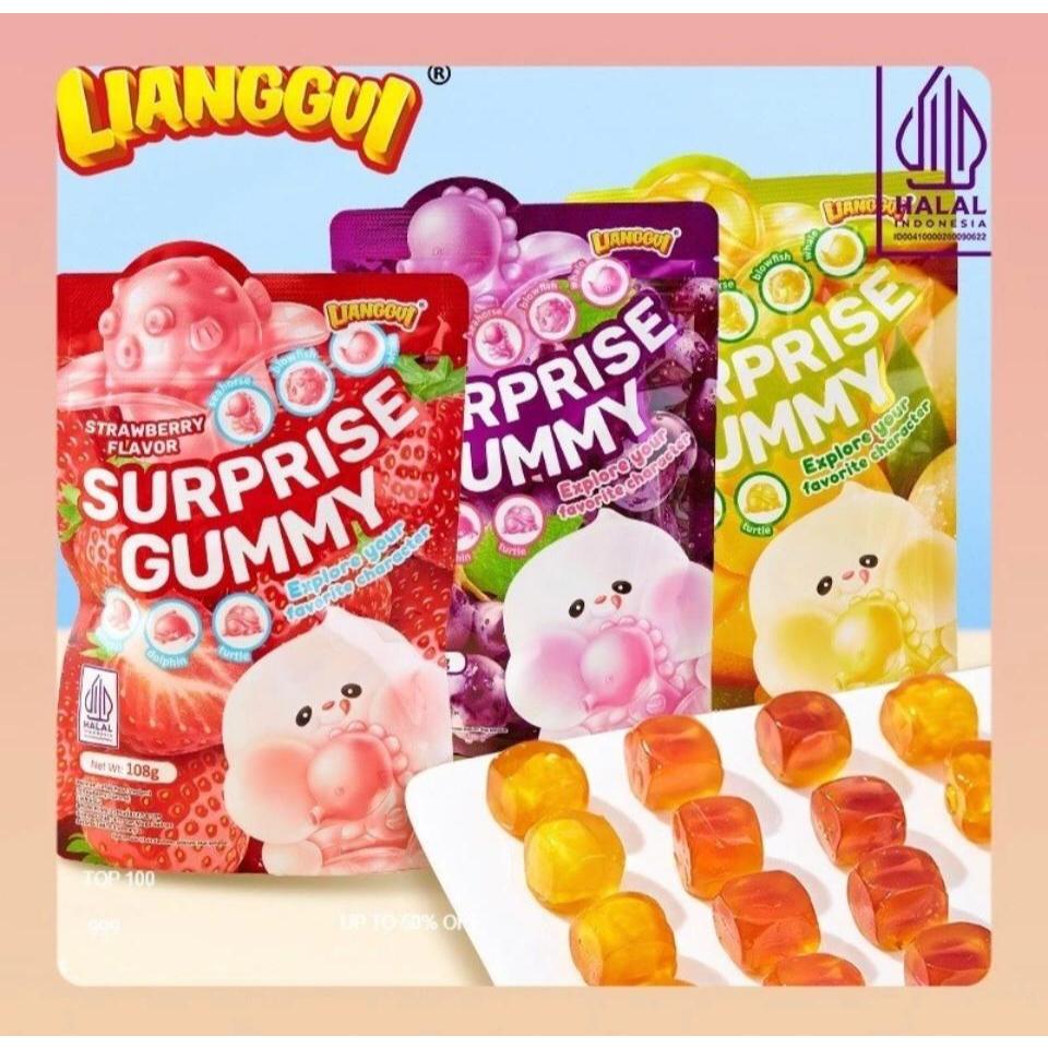 

SURPRISE GUMMY LIANGGUI RASA STRAWBERRY/ANGGUR/MANGGA (40BAG X 108GR)