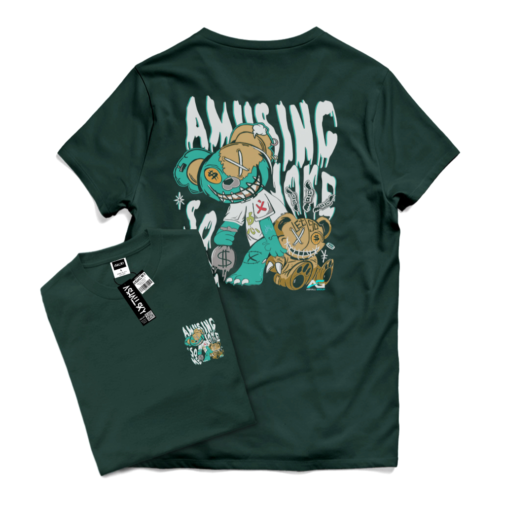 KAOS DISTRO PRIA / BAJU DISTRO PRIA / BAJU KAOS DISTRO - WARNA HIJAU BOTOL / MOTIF AMUSING BEAR