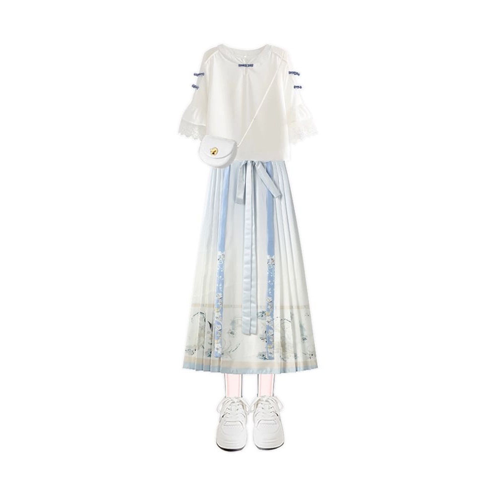 Hanfu Rok Pendek Sifon Wanita, Setelan Atasan Kuda Lengan Pendek