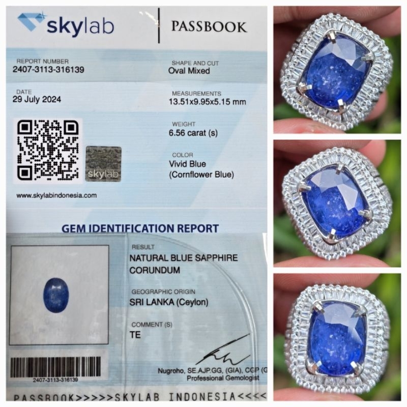 Natural Cornflower Blue Sapphire Ceylon Srilanka Sertifikat 6.56 crt