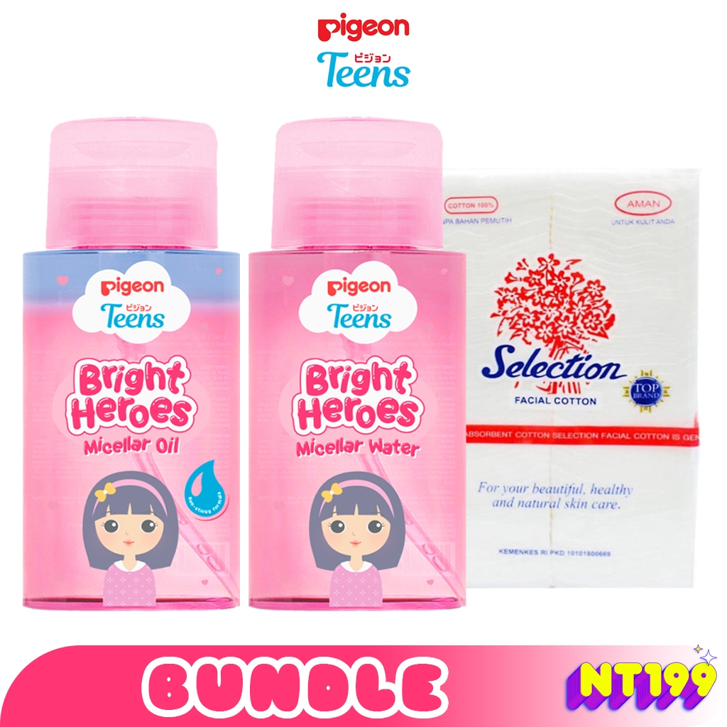 PIGEON TEENS paket Bundling Bright Heroes Micellar Water Oil 100ml Kapas Kecantikan