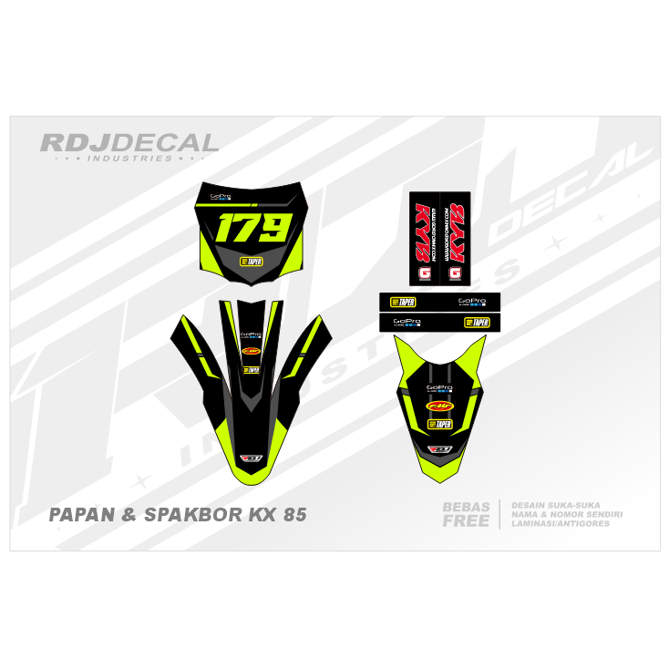 DECAL STICKER PAPAN KX 85 NEW (006) DEKAL STIKER  SPAKBOR DEPAN & BELAKANG HITAM ABU HIJAU IJO STABI