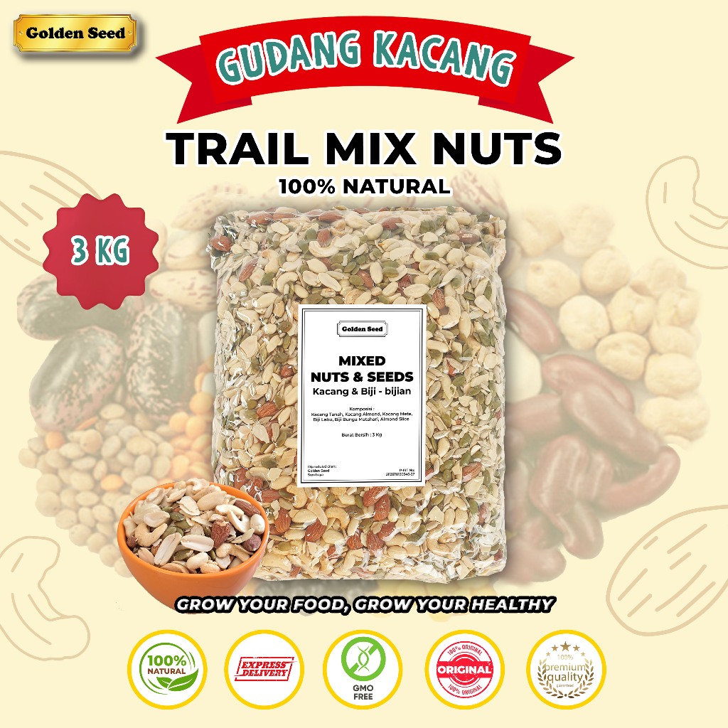 

TRAIL MIX GOLDENSEED 3 KG/MIXED NUT ORGANIC 3000 GR/roasted mixed nut premium 3000 GRAM/trail mix cemilan sehat (Pumpkin seed panggang,kacang kupas panggang,mete panggang,almond slice panggang,almond panggang)