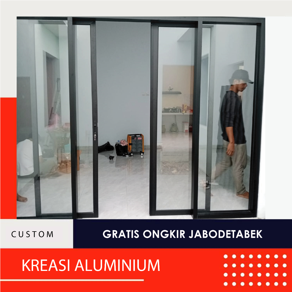 Pintu Aluminium Sliding Geser 2 Daun Kanan Kiri Kaca Mati L240XT200