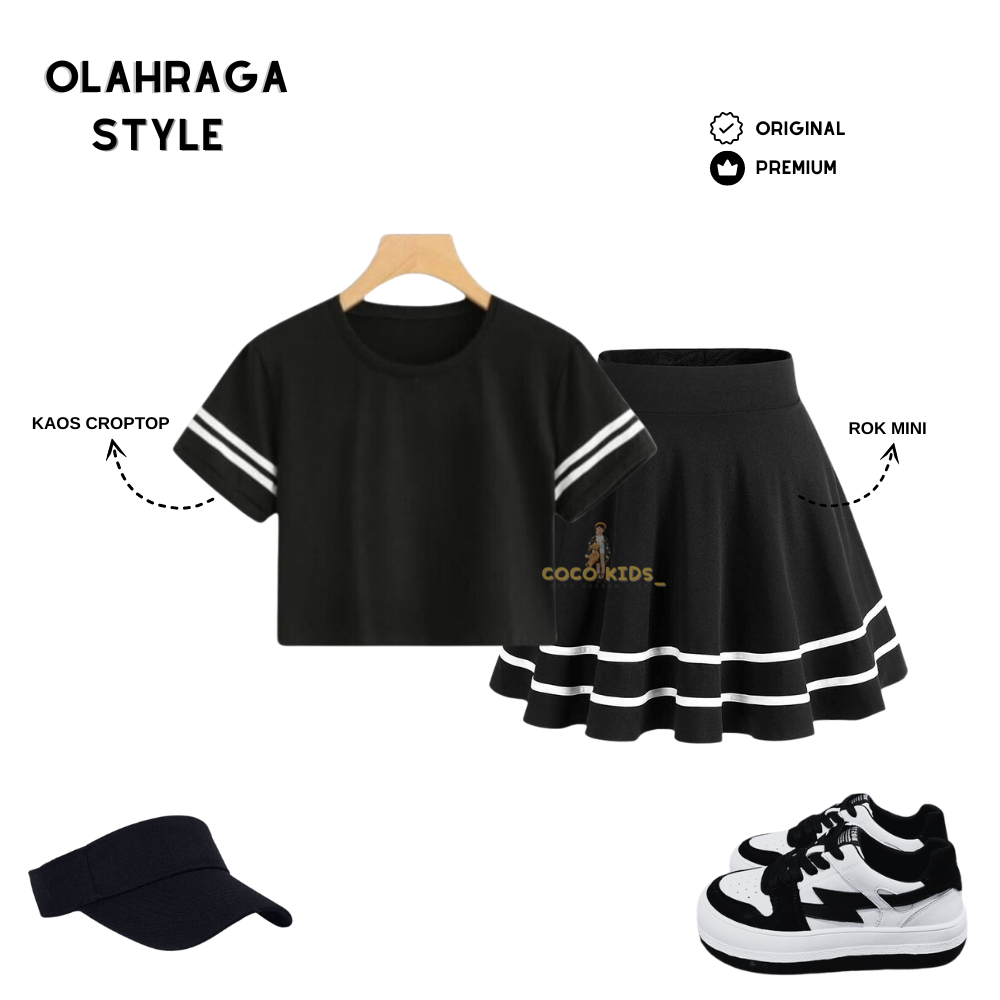 Coco Kids_ Setelan Crop Stripe Hitam Rok Stripe Hitam Wanita Casual Olahraga Gym Zumba Line Dance Se