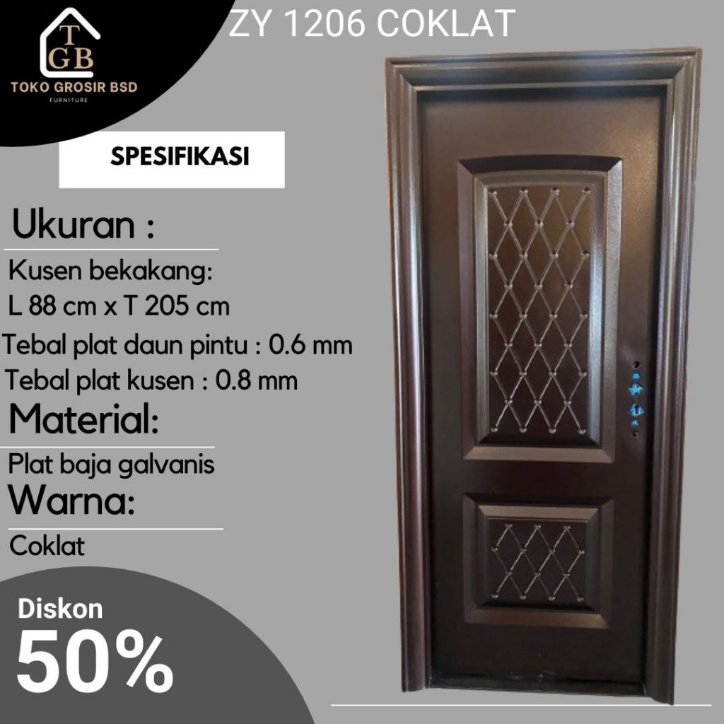Set Pintu Utama Pintu Kamar Tidur Pintu ZY1206 coklat Pintu Baja Lengkap dengan Kusen Baja + Handle 