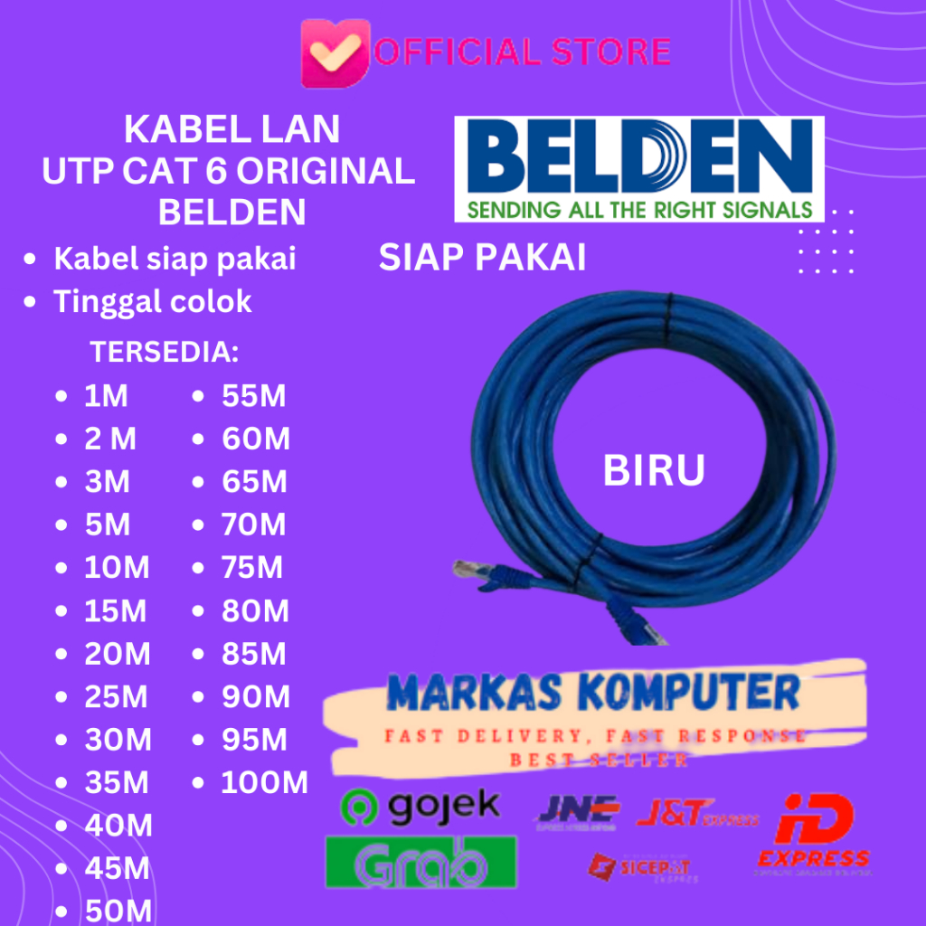 Kabel LAN UTP Cat6 BELDEN Siap Pakai BIRU 1M - 10M