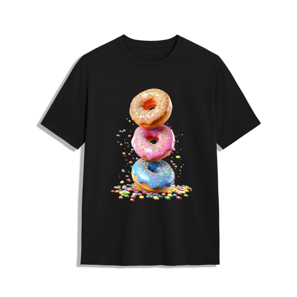 Kaos Donat Pelangi T-shirt Hitam Katun // Kaos Casual Gambar Donat Unisex Pria // Atasan Kaos Dewasa