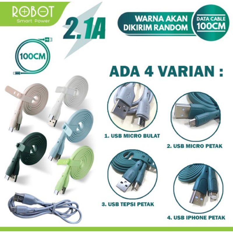 Kabel Data Robot Fast Charging 2.1A Colorful USB Micro Tepsi Iphone