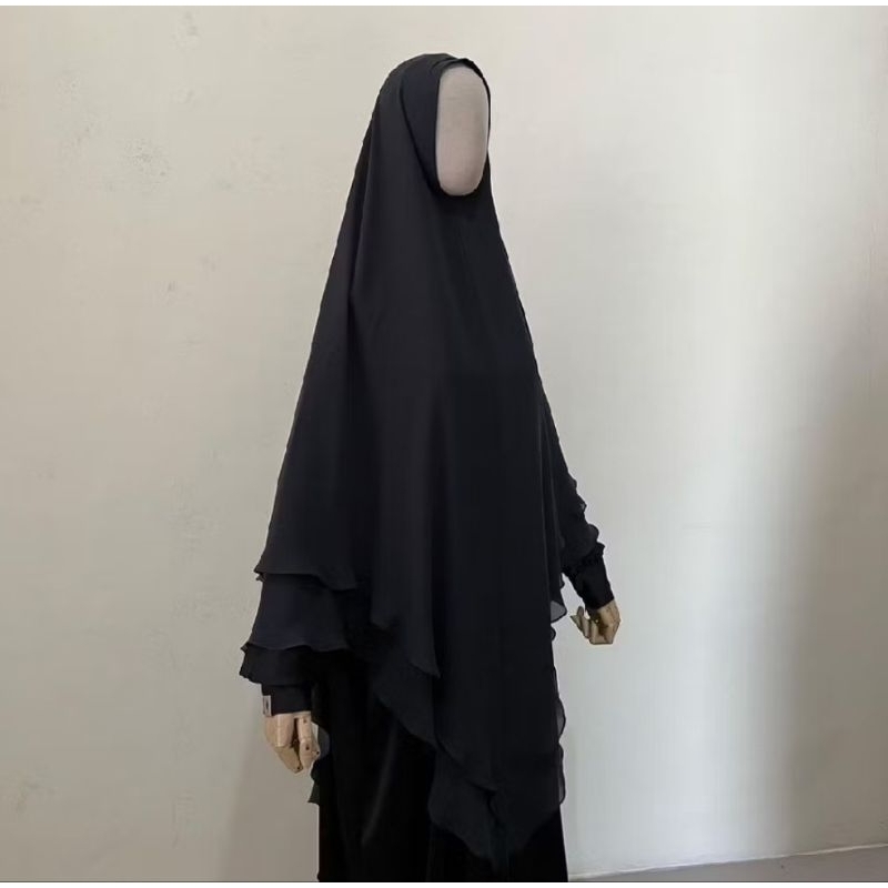 Preloved Ummarah Khimar Non Pet  Arabeschi Aishmadina Jetblack Siffon Harir