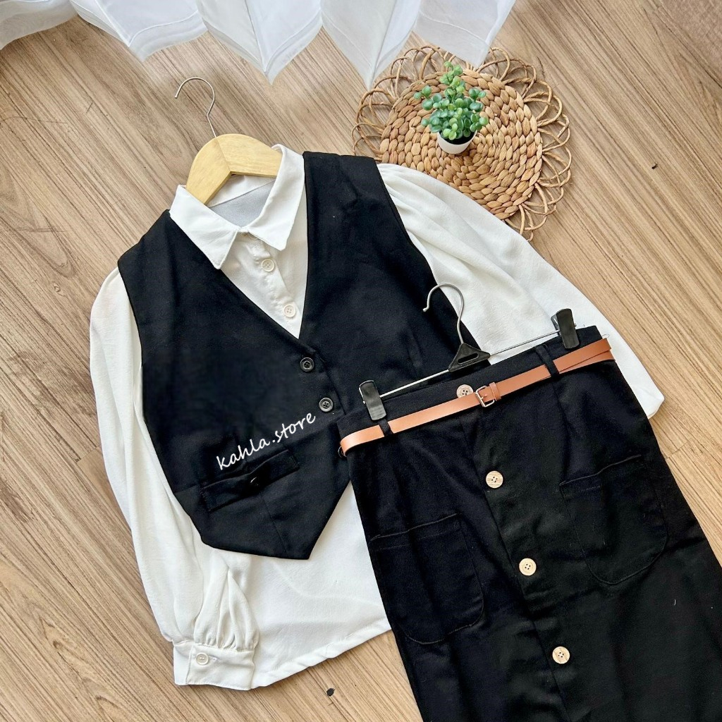 KAHLA - Lena One Set Vest Dan Long Skirt Button Wanita Bigsize Kekinian