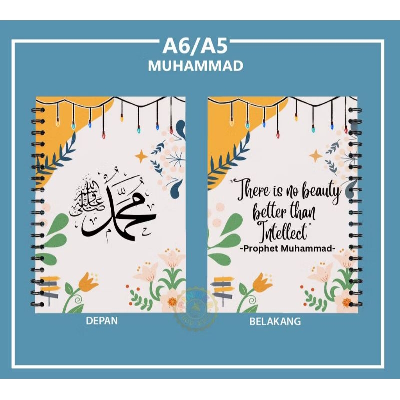 

BUKU TULIS NOTEBOOK A5 14,8 cm × 21.0 cm Jilid Spiral Isi GARIS MUHAMMAD SAW