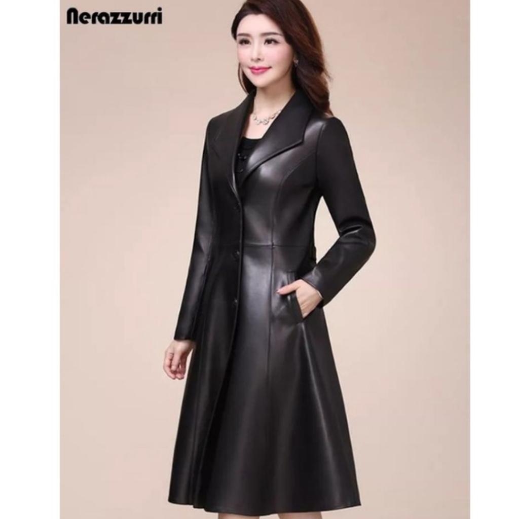 Jaket kulit mantel wanita panjang vintage