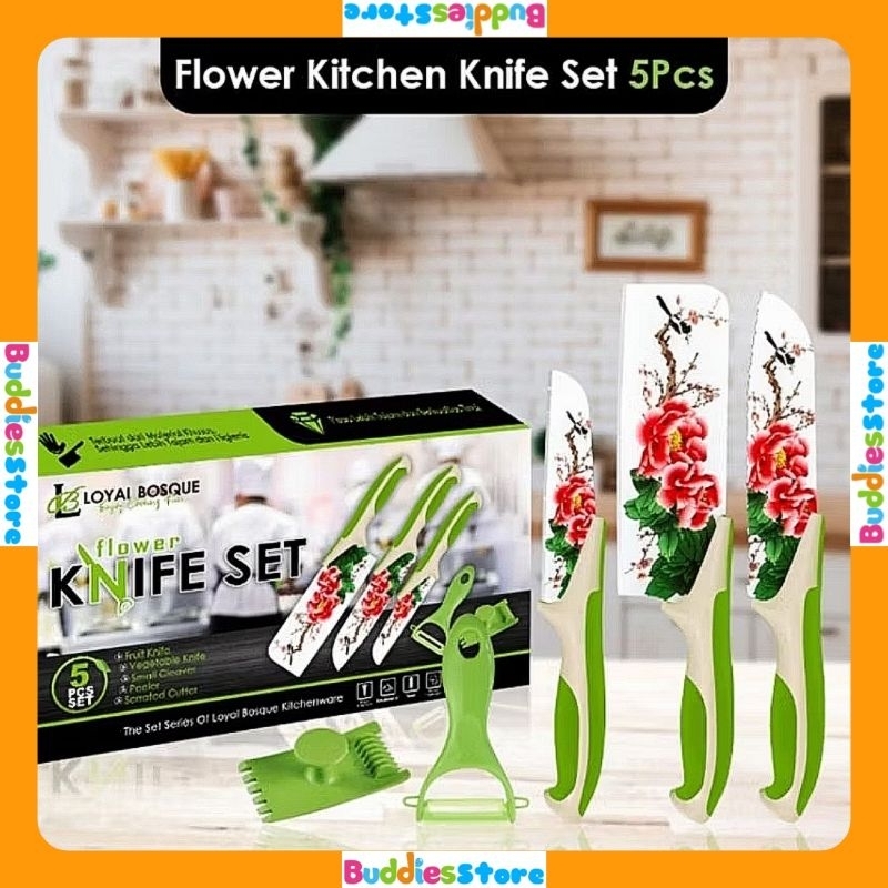 [COD] PISAU SET DAPUR 5IN1 MOTIF FLOWER - PISAU TAJAM ANTI LENGKET
