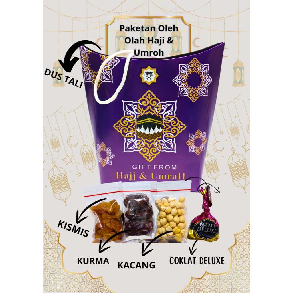 

PAKET LENGKAP 4 GIFT OLEH OLEH HAJI UMROH ISI DUS TALI KURMA KISMIS KACANG ARAB COKLAT DELUXE