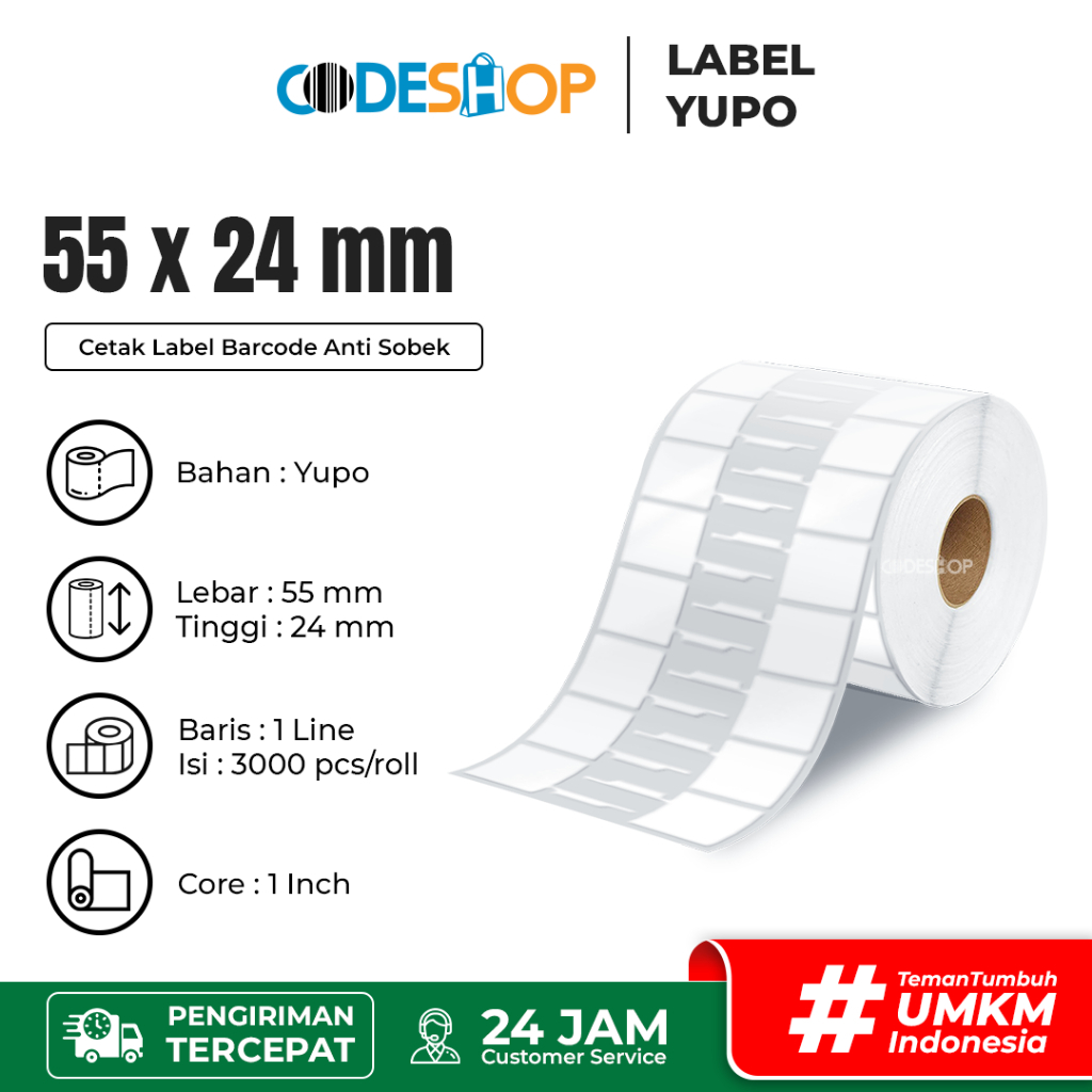 

Label Barcode YUPO 55 x 24 mm 2 Line Stiker Perhiasan isi 5000 pcs