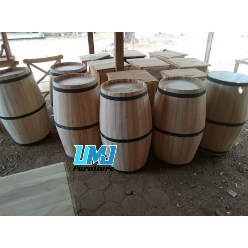 VAS BUNGA DRUM KAYU MENTAH MEJA GENTONG UNIK POT KEMBANG DEKORASI PELAMINAN