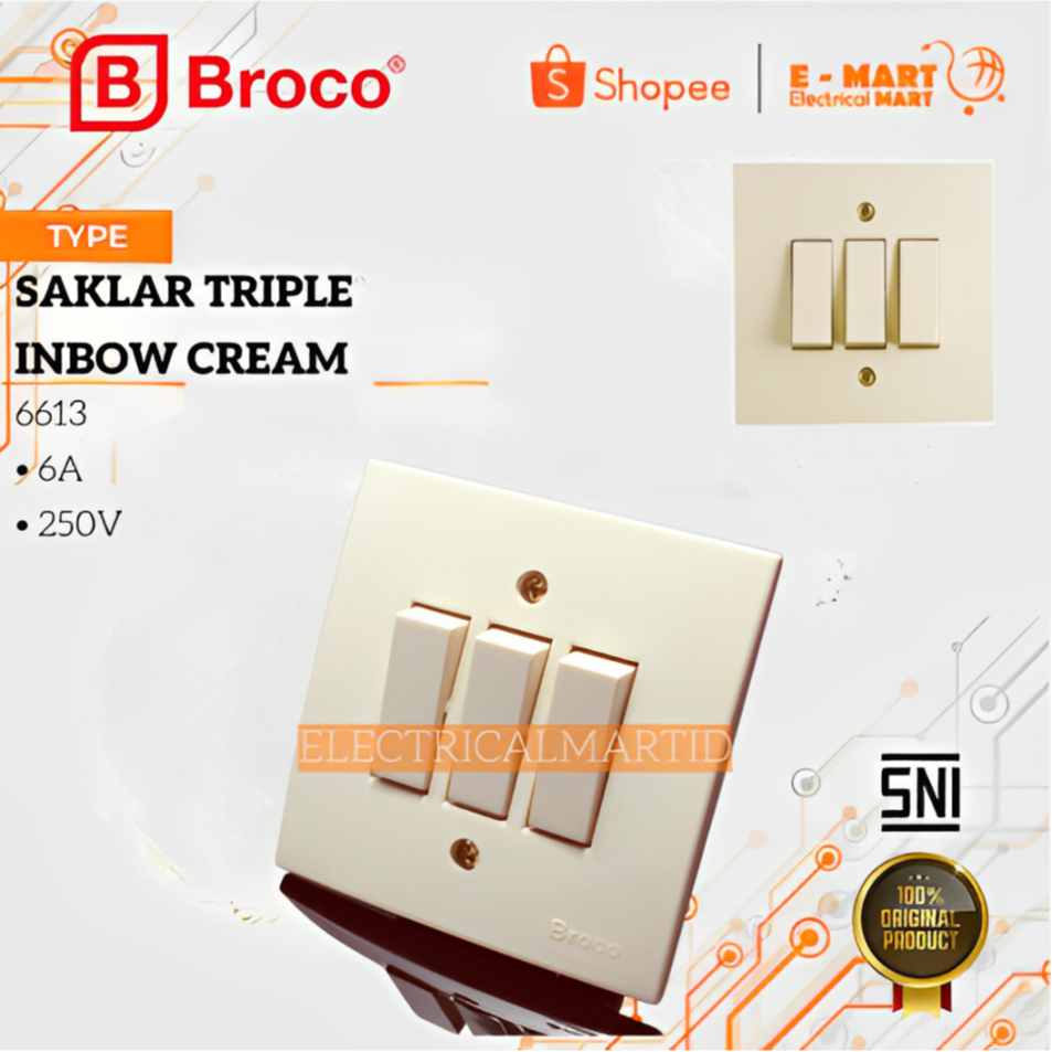 Broco Saklar Triple IB CREAM / Saklar Lampu isi 3 Gang GROSIR