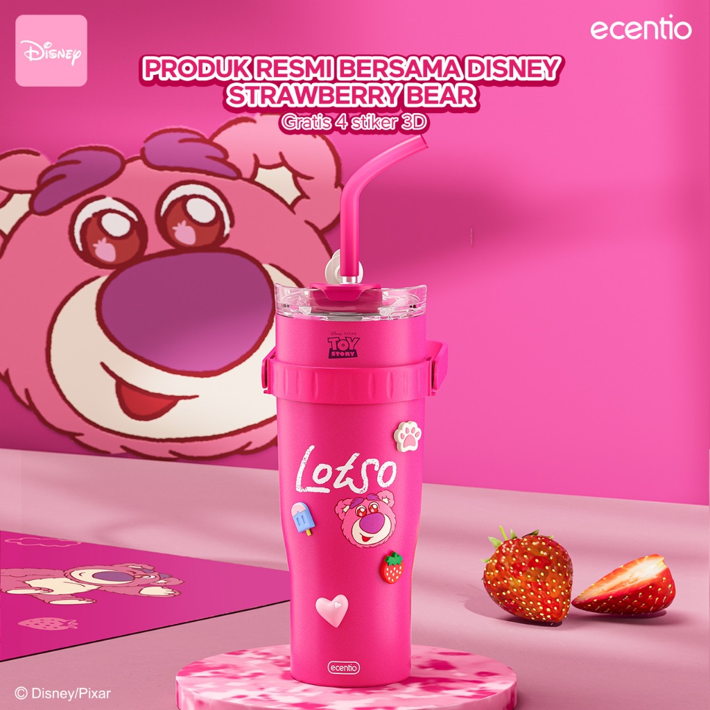 RB [grosir] ecentio 1200ml tumbler aesthetic giant desktop cold straw cup Lotso Strawberry Bear