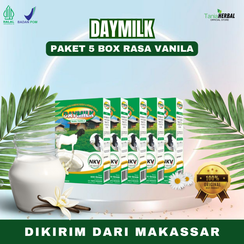 

[PAKET 5 BOX] DAYMILK RASA VANILA - Susu Kambing Etawa Tidak Bau Prengus Membantu Menjaga Daya Tahan Tubuh dan Bantu Jaga Kesehatan Sendi dan Tulang Dikirim Dari Makassar